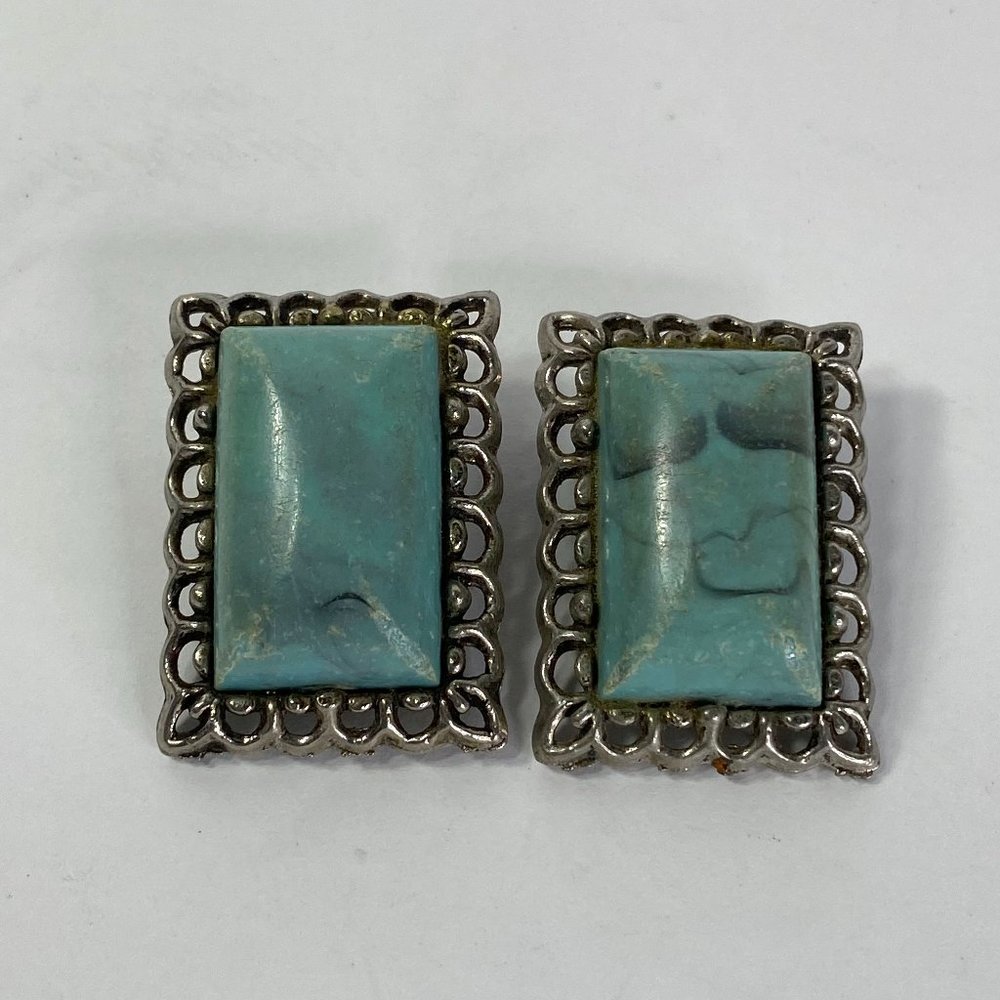Vintage Womens Clip Earings Karu Arke Thermoset Turquoise with Silver